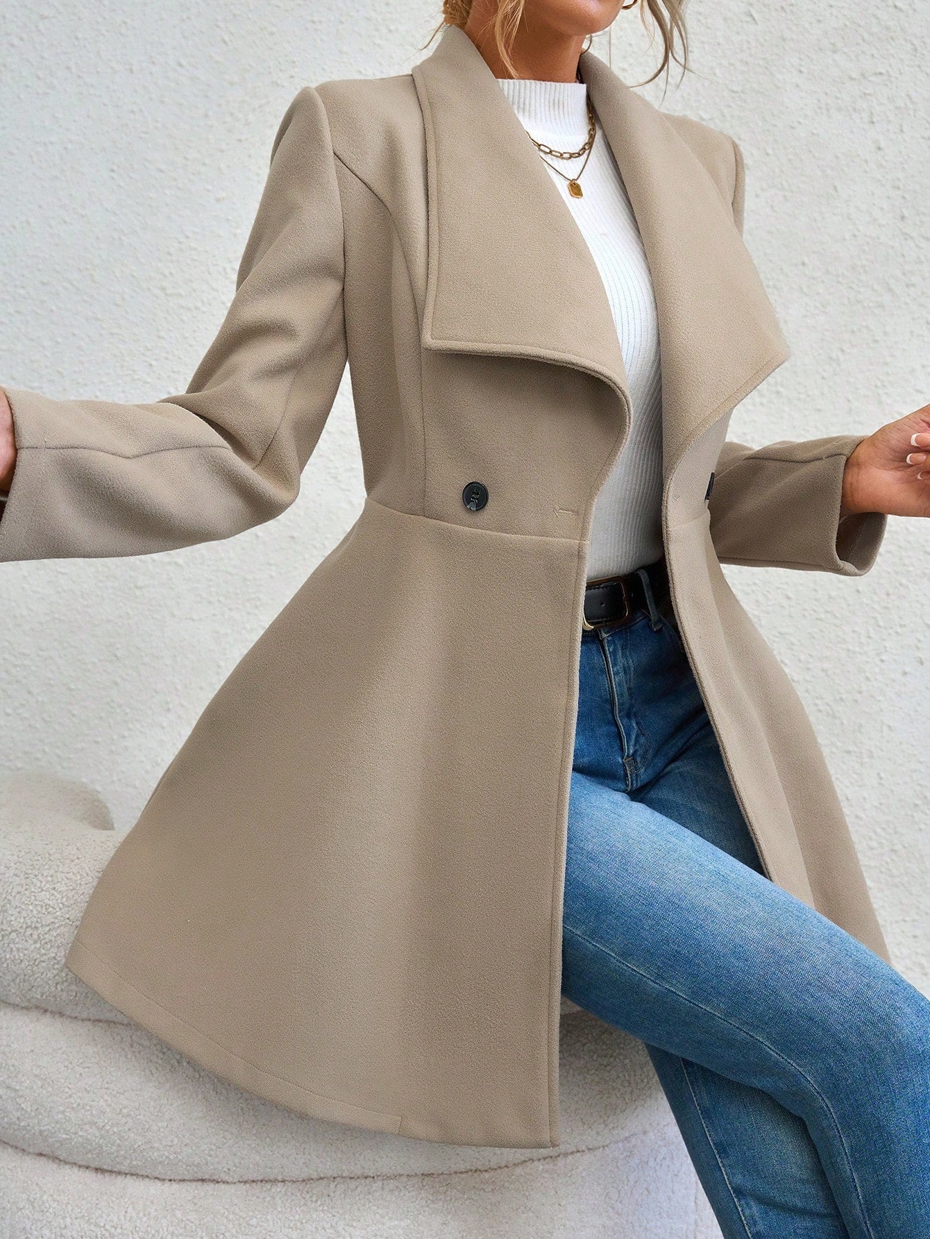 Flirla Waterfall Collar Double Button Overcoat